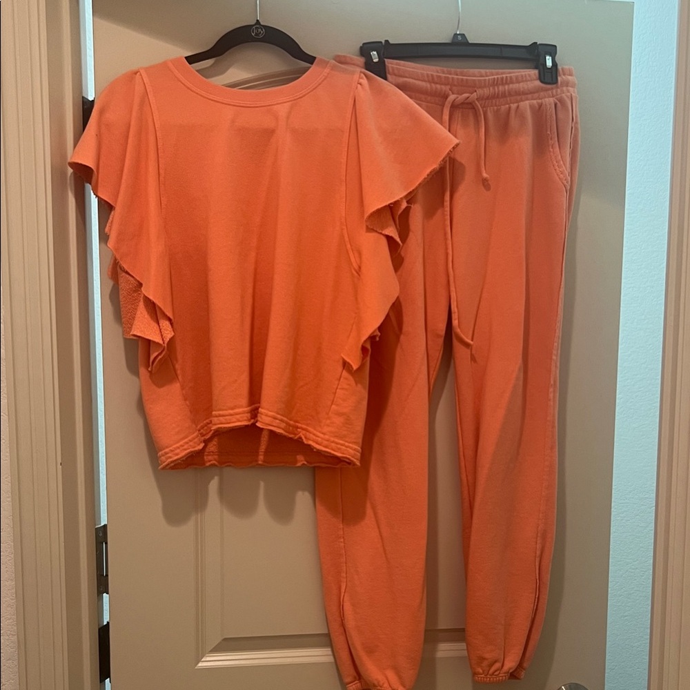 Michael Stars Vibrant Orange Ruffle Sleeve Top and Jogger Set